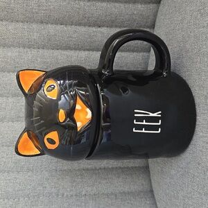 Black Cat Ceramic Mug with Lid - 'EEK' Halloween Cat Design, NWOT